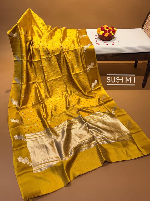 Mustard Banarasi Silk Saree with Hand Done Bandhej