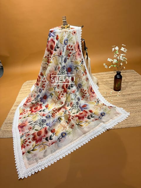 Pure Organza 3d Floral Printed Saree with Crochet Lace