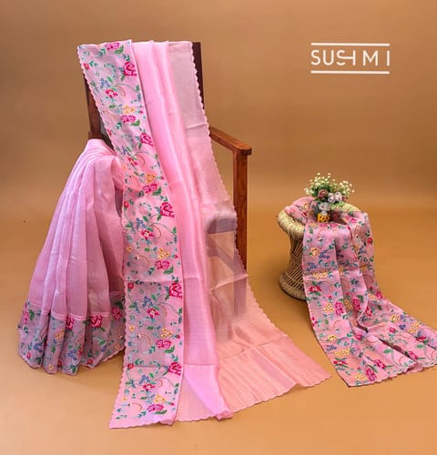 Pastel Pink Organza with Petite Point Embroidery