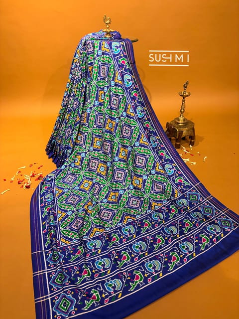 Royal Blue and Parrot Green Double Ikkath Patan Patola Saree