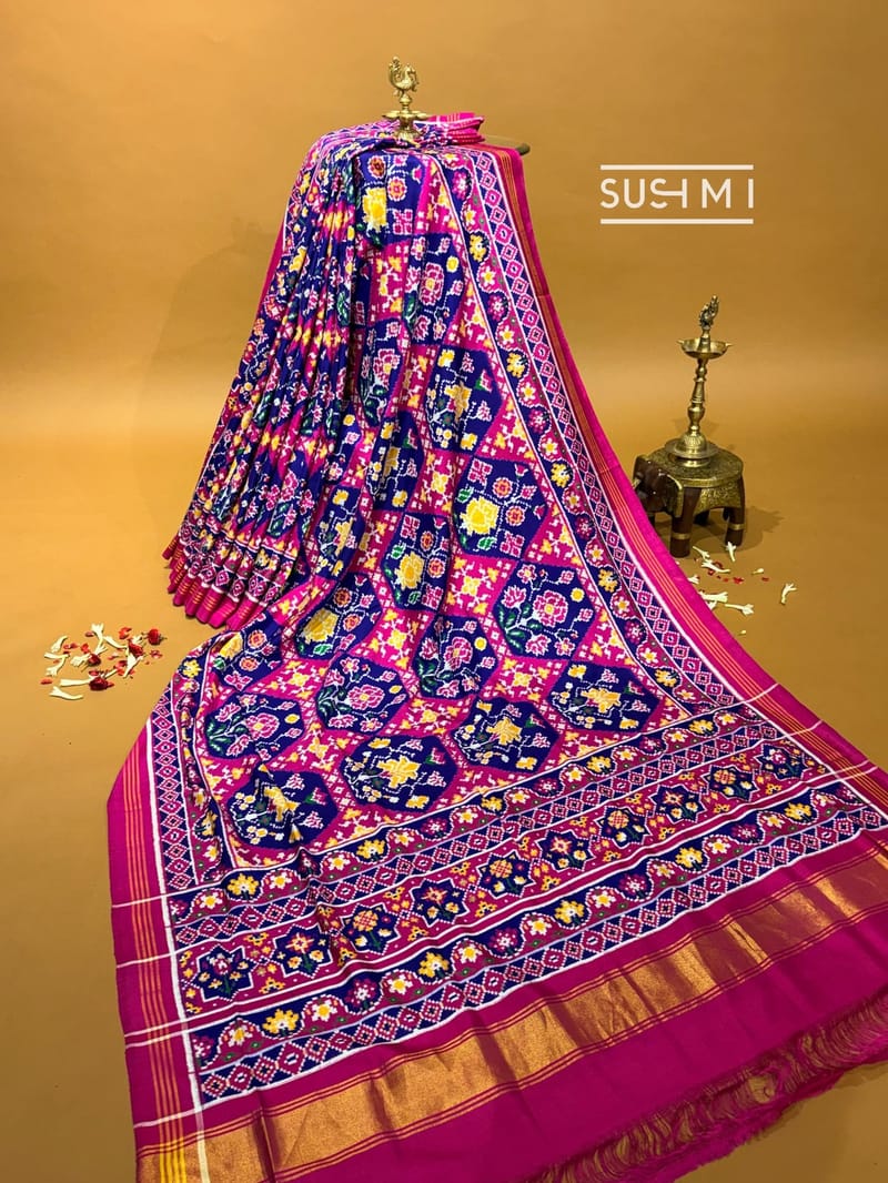 Royal Blue & magenta combo double ikkath patan patolas saree