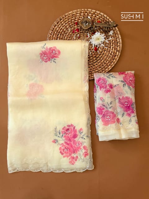 Besan Yellow Pure Organza Saree with Hand-Paint and Handwork Highlighting