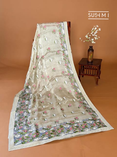 Light Olive Handloom Kora Tissue Saree with Pond Theme Embroidery