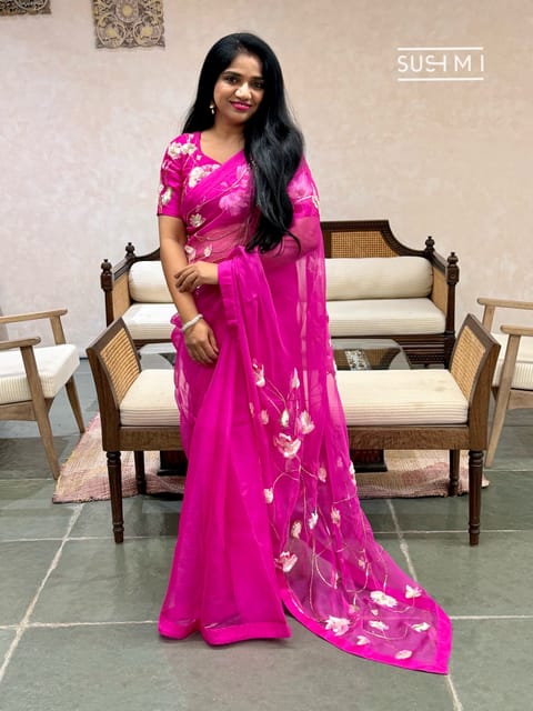 Fuchsia Pink Pure Organza Designer Saree with Handwork