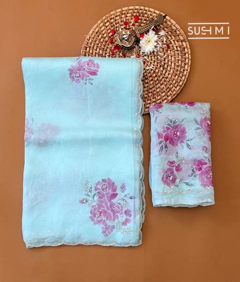 Pastel Blue Pure Organza Saree with Hand-Paint and Handwork Highlighting