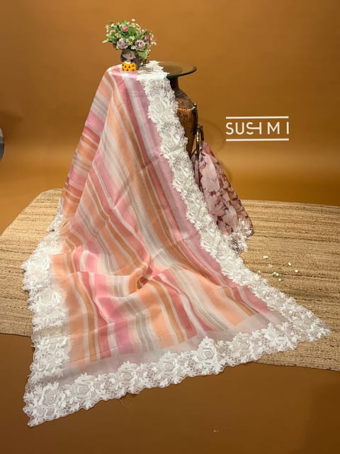 Pure Organza Multicolour Striped Saree with Chantilly Lace Inspired Embroidered Cutwork Border