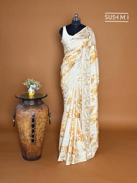 Ivory Floral Printed Tussar Saree with Parsi Gara Embroidered Border
