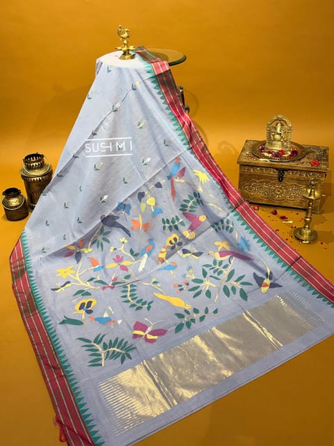 Bluish Lilac Pure Handloom and Handspun Ponduru Khadi Jamdani Saree