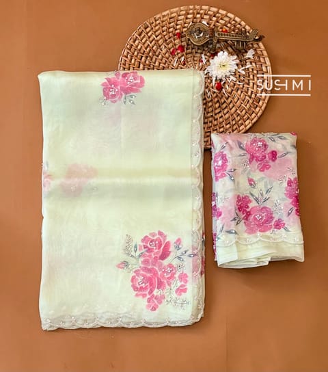 Seagreen Pure Organza Saree with Hand-Paint and Handwork Highlighting