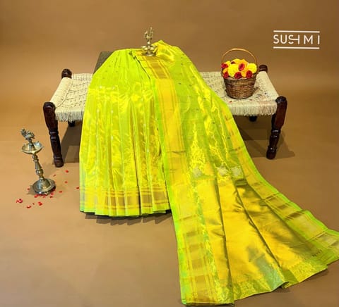 Lime Green Pure Handloom Gadwal Allover Tissue Saree with Paithani Border