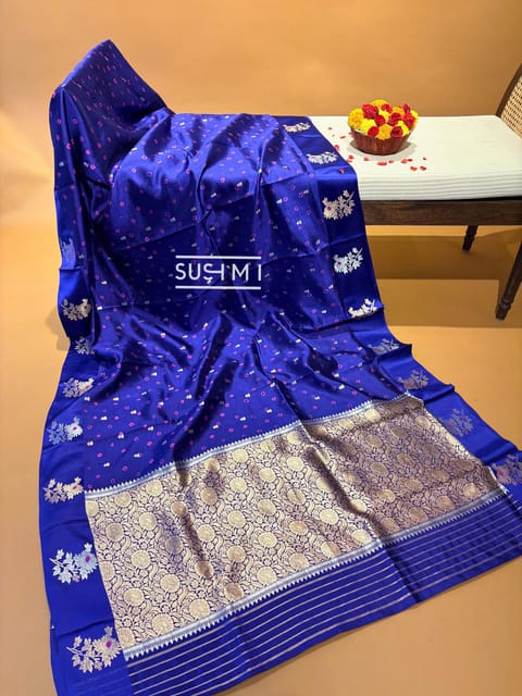 Royal Blue Banarasi Silk Saree with Hand Done Bandhej