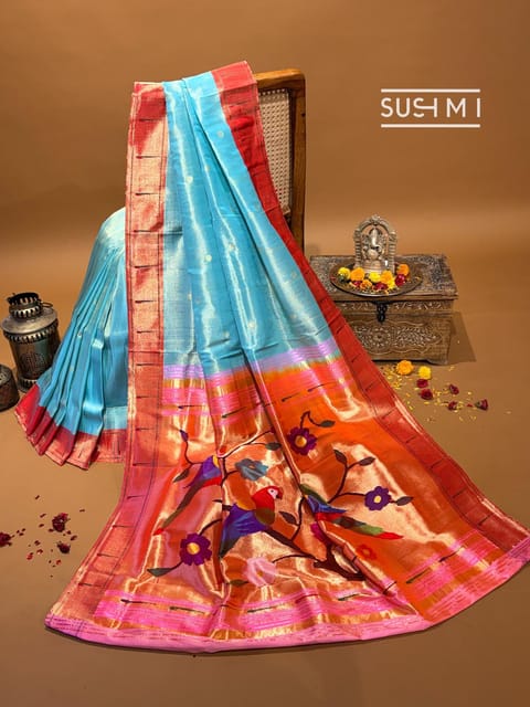 Sky Blue Pure Handloom Paithani Tissue Saree with Single Muniya Border