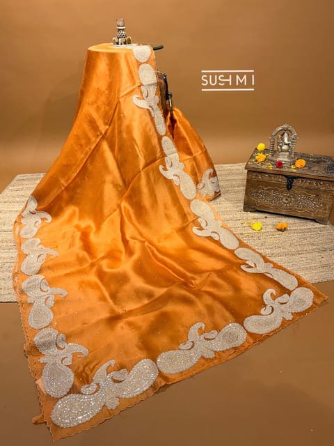 Light Rust Orange Pure Organza Saree with Tissue Applique Work Paisley Border