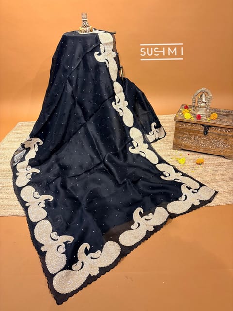 Black Pure Organza Saree with Tissue Applique Work Paisley Border