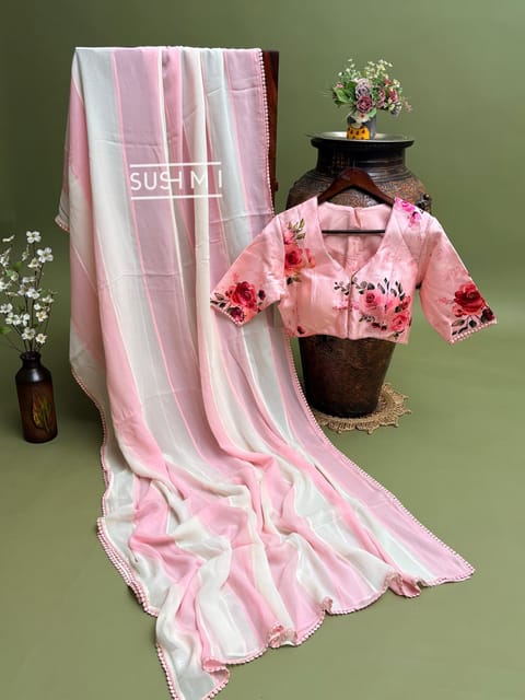 Pure Georgette Dual-Colour Panelled Saree with Printed Ready-To-Wear Blouse