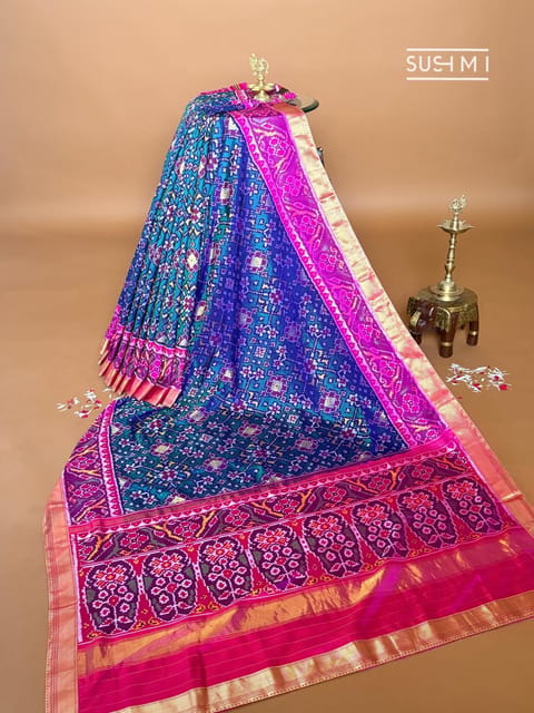 Peacock Blue Patan Patola Reversible Fusion Saree with Kanjeevaram Borders