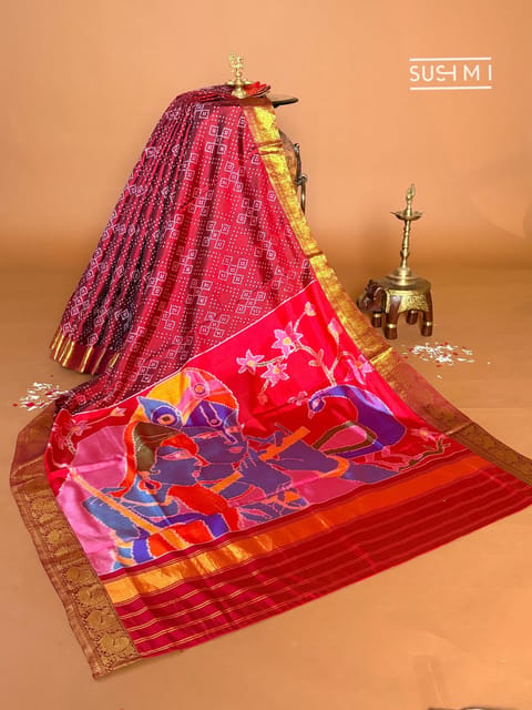 Maroon Patan Patola Reversible Fusion Saree with Kanjeevaram Borders