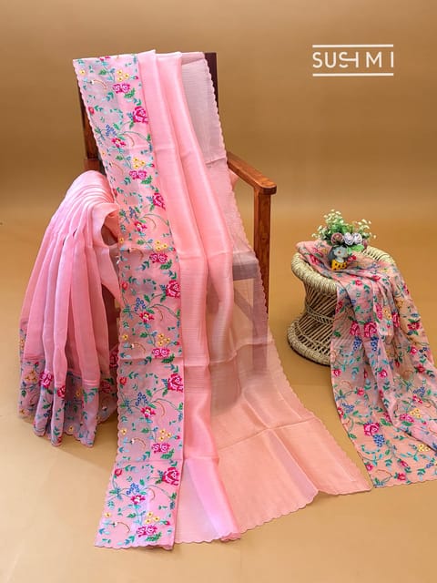 Coral Pink Organza with Petite Point Embroidery