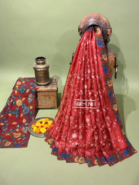 Maroon Red Silk Kota and Pen Kalamkari Saree