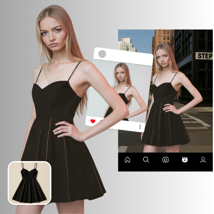 Marketing deployment showcase: single Miro AI generated model photo being used across multiple platforms including website, social media, and advertising campaigns.