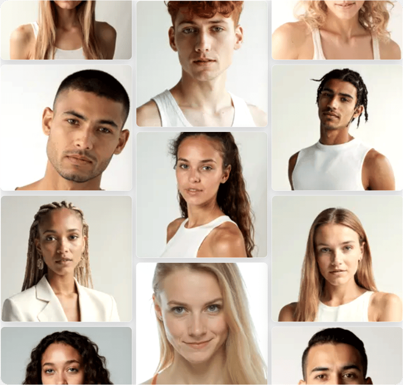 Diverse model portfolio display: comprehensive collection of Miro AI generated fashion models representing various demographics, ages, and styles.