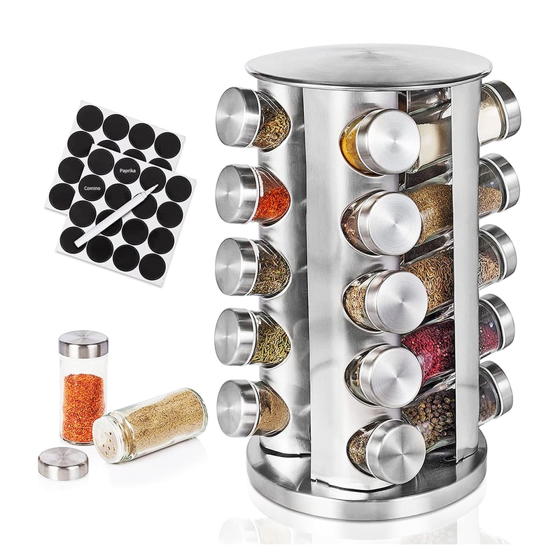 Especiero Giratorio 360° Con 20 Botes De 100 Ml - Acero Inoxidable Y Madera De Acacia