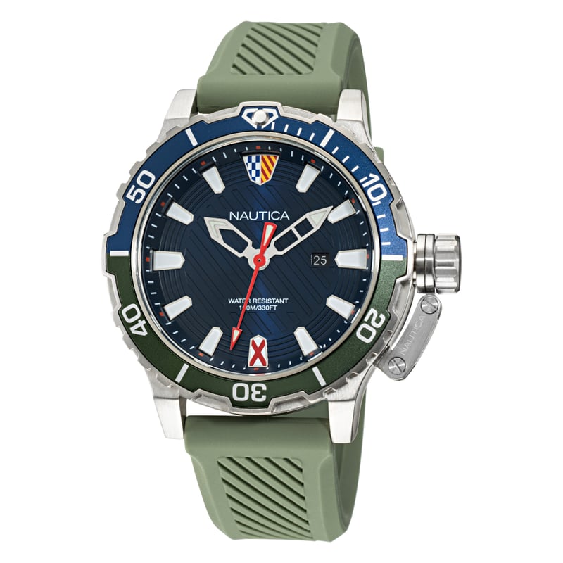 Nautica Orologio Uomo Glenrock Lagoon, Cassa 46mm In Acciaio, Quadrante Blu, Cinturino In Silicone Verde