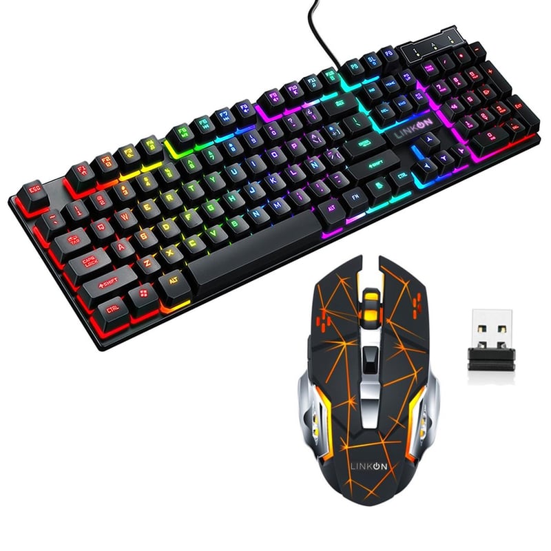 LINKON Kit Set Gamer Teclado Led Mouse Inalambrico Usb Recargable Negro falabella