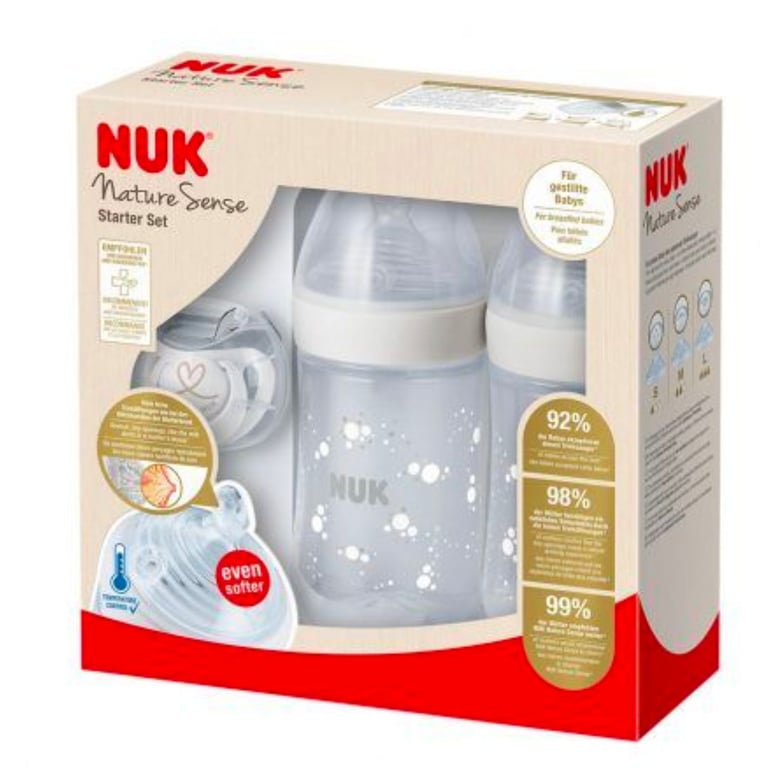 NUK Nature Sense Glasflaschenset | 0–6 Monate | 3 Babyflaschen | 2 Trinksauger | Flaschenbürste | Trockenständer | Genius Schnuller | weiß | 8-teilig