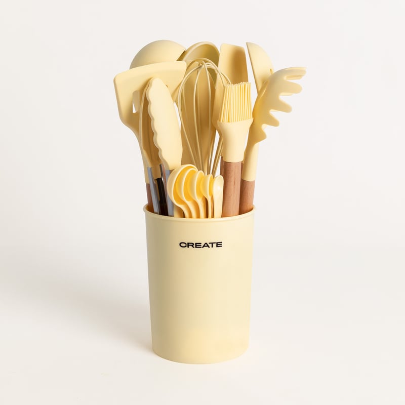 CREATE - SET DE UTENSILIOS SILICONA MADERA PARA COCINA AMARILLO CREATE