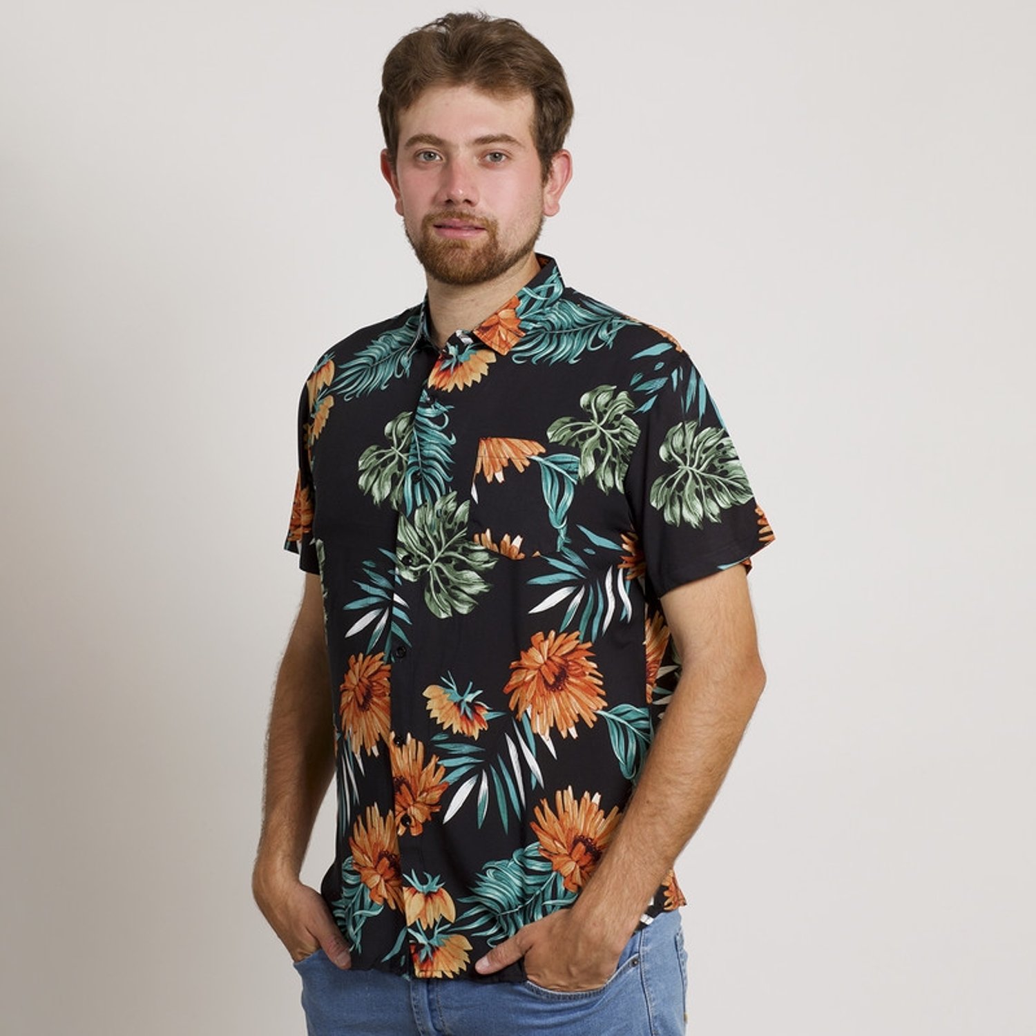 Camisa hawaiana negra hombre sales
