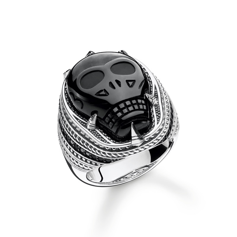 THOMAS SABO Anillo Obsidiana Calavera Plata Talla 62 falabella