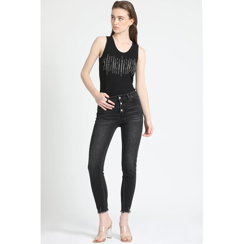 LIOLA - Jeans Skinny Tiro Medio, Botones Joya, Negro Liola