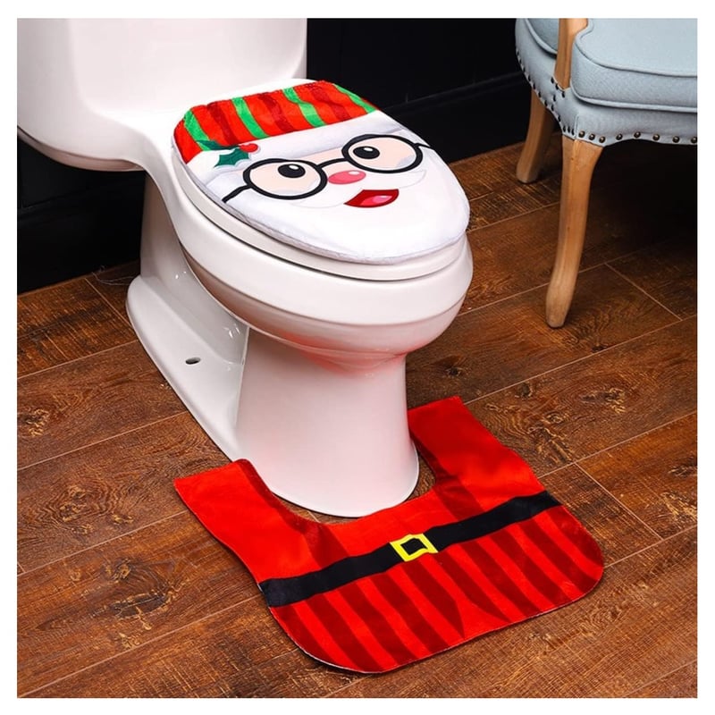Juego Decoración Navidad Baño - Cubierta Para Tapa De Inodoro, Alfombra Y Felpudo Con Motivos Navideños, Material Poliéster