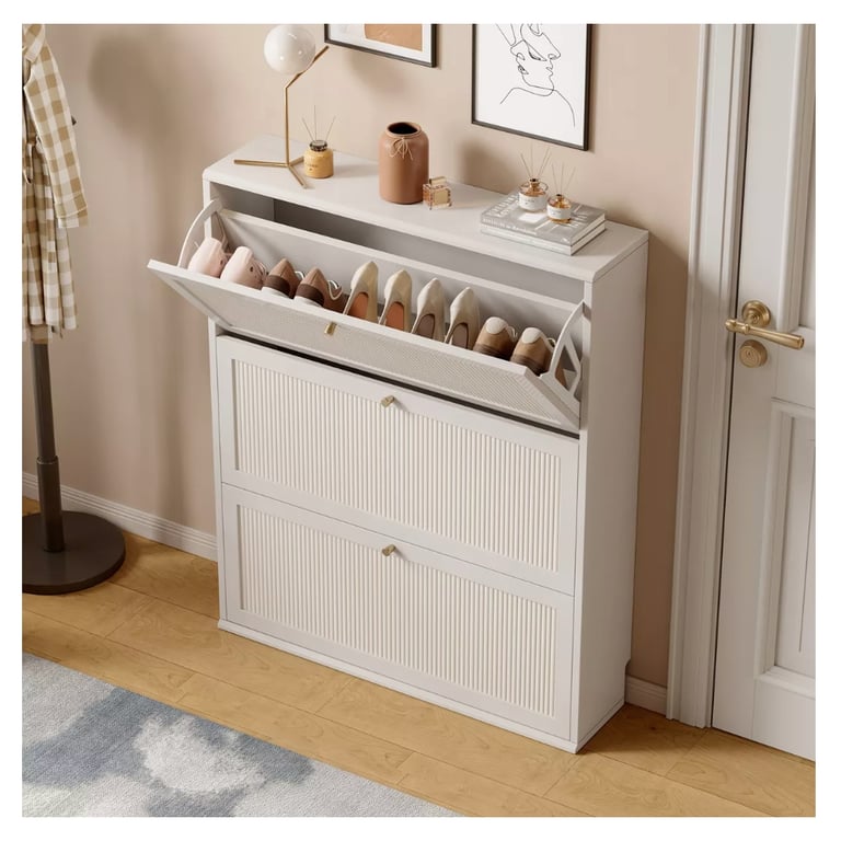 Mueble zapatero 78x139,2h cm con 3 puertas batientes en blanco y estructura en nogal - Kaju