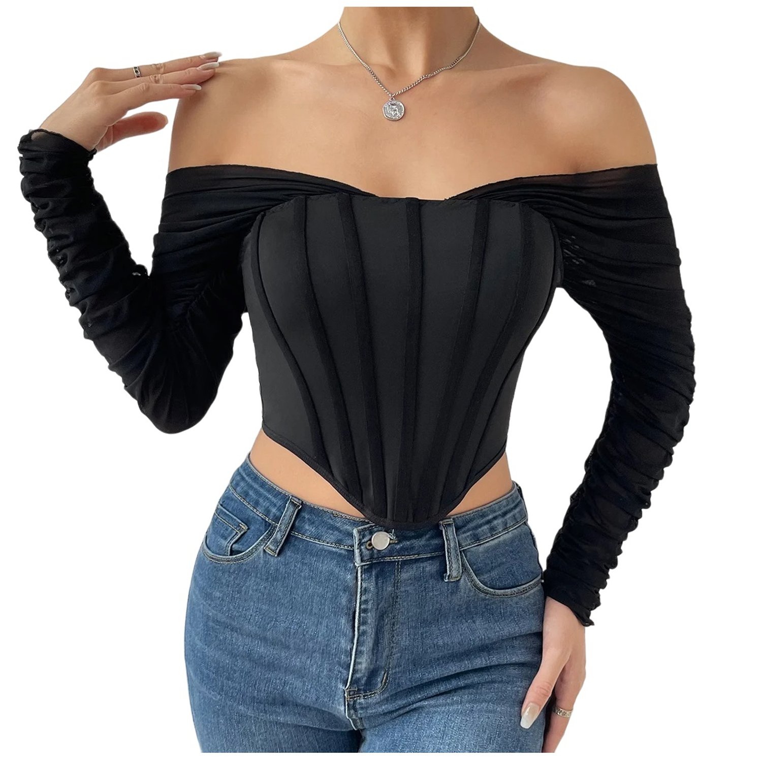 Blusa Tipo Corset Escote Corazon Con Mangas Largas Crop Top