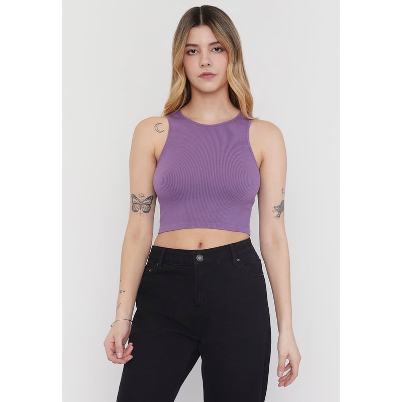 Polera Mujer Sin Mangas Cuello Halter Morado Corona