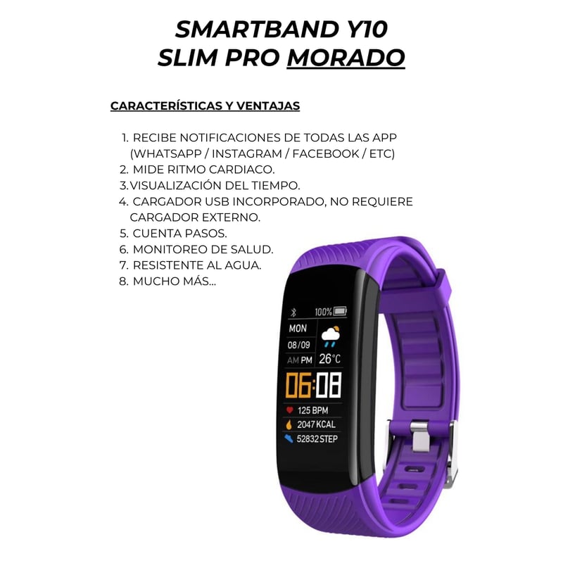 GENERICO Smartband Banda Inteligente Y10 SlimPro Sport Iphone Samsung Morado falabella