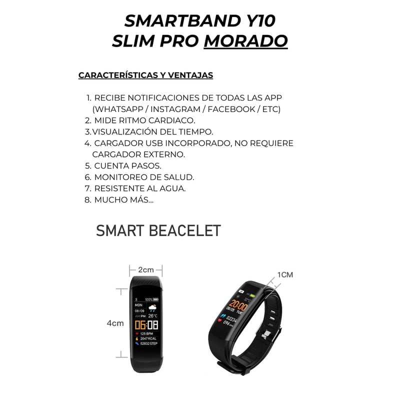 GENERICO Smartband Banda Inteligente Y10 SlimPro Sport Iphone Samsung Morado falabella