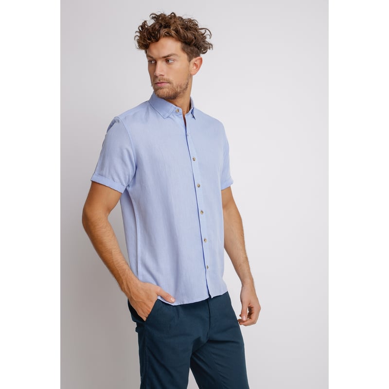 TRIAL Camisa Manga Corta hombre Casual Slim Fit Boris Algodon Celeste falabella