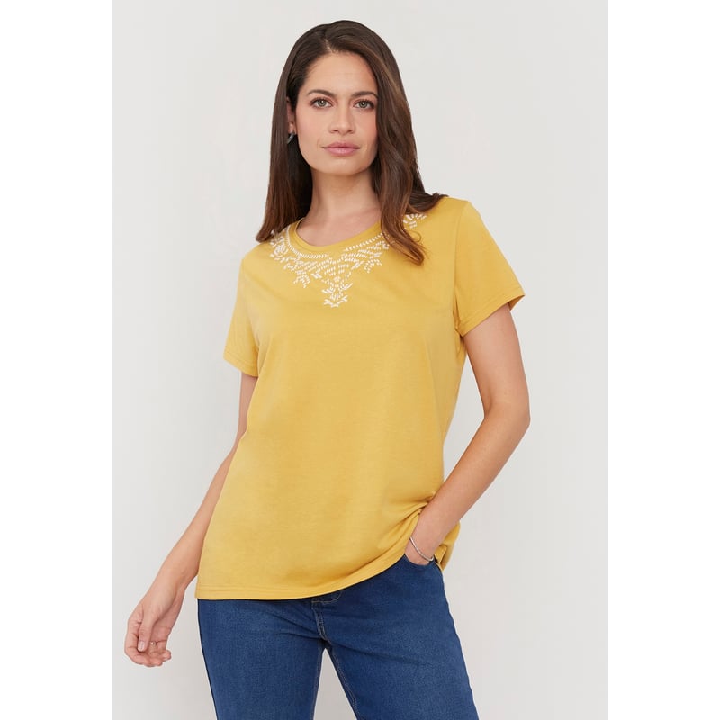 Polera Mujer Escote Bordado Mostaza Corona