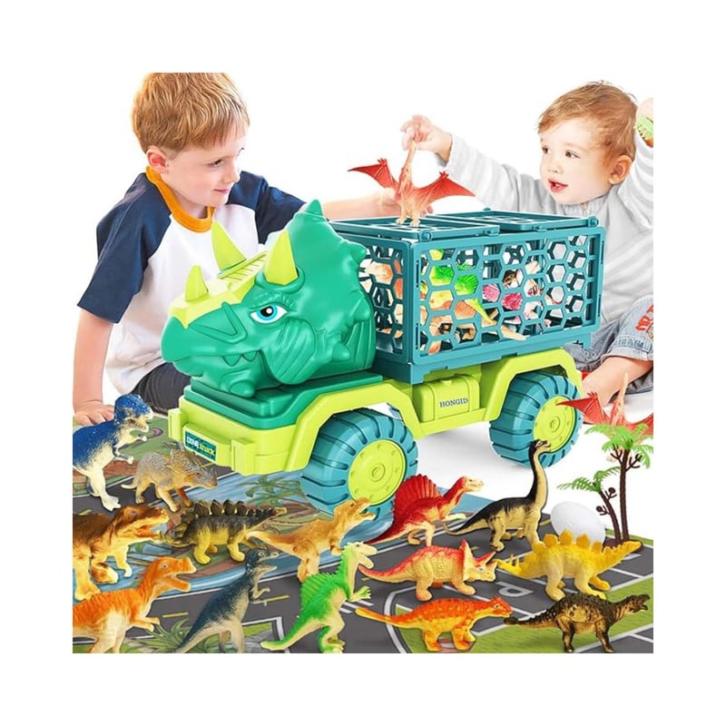 Set Di 2 Camion Dinosauri Con T-Rex E Triceratopo - Giocattoli Per Bambini Dai 2 Anni, Regalo Compleanno