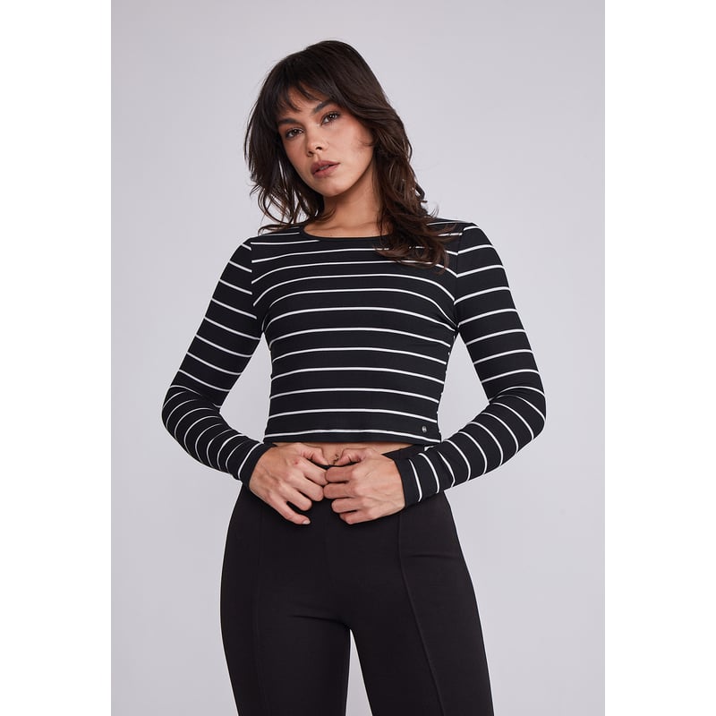 Polera Mujer Negro Manga Larga Rayas Sioux