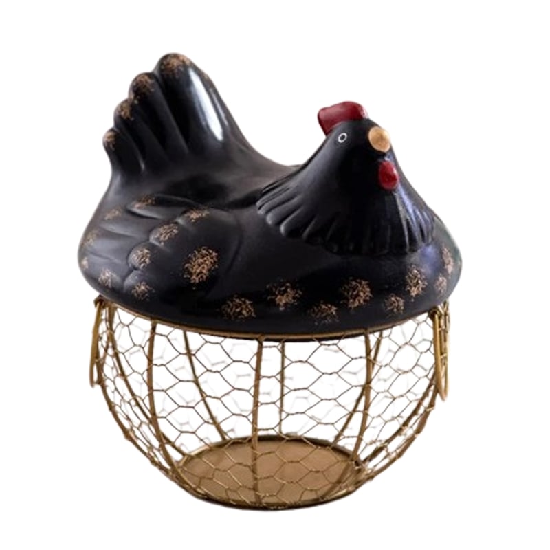Porta Uova A Forma Di Gallina In Ceramica E Rete Metallica - Decorativo E Pratico, Colore Oro E Rosso