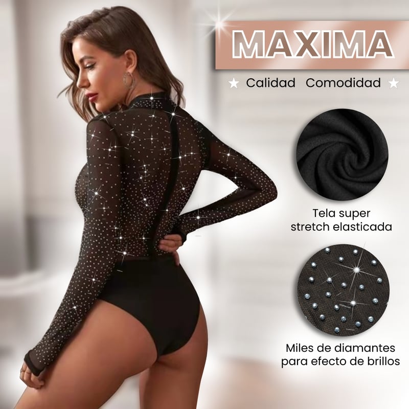 GENERICO Body negro con brillos ZULETTI elasticado manga larga con cuello falabella