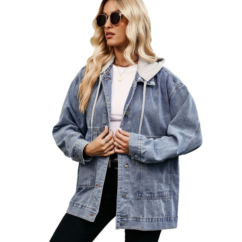 Chaqueta mezclilla larga con gorro para mujer Azul