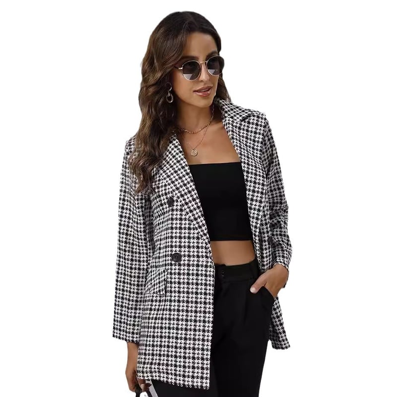 Chaqueta a cuadros formal con botones para mujer Negro