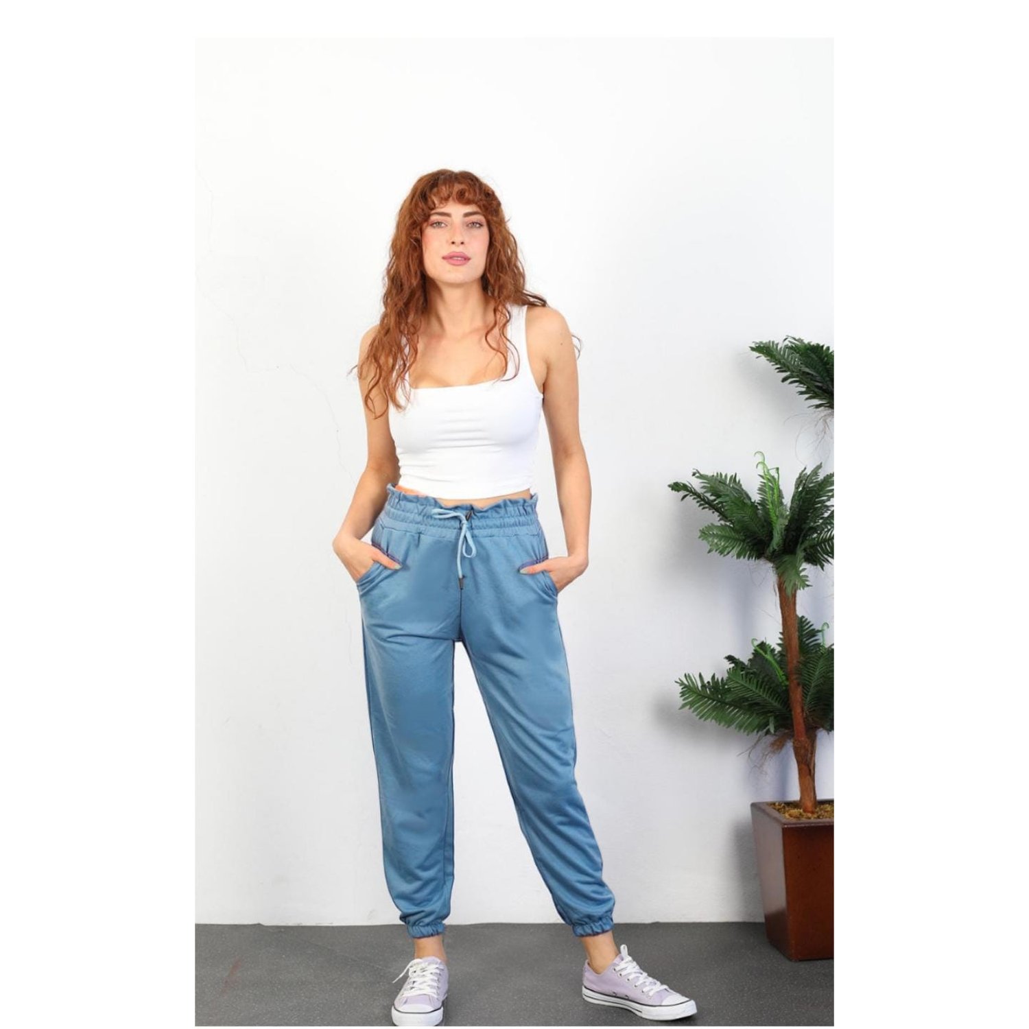 MROTTO Jogger Buzo Mujer Tiro Alto Azul con Cintura Ajustable falabella