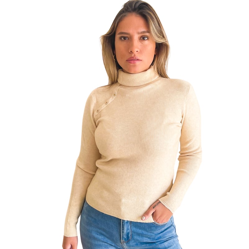Sweater mujer cuello alto botones brillos