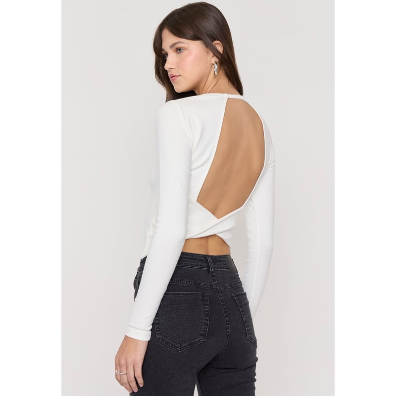 Polera Mujer Manga Larga Espalda Abierta Blanco Corona